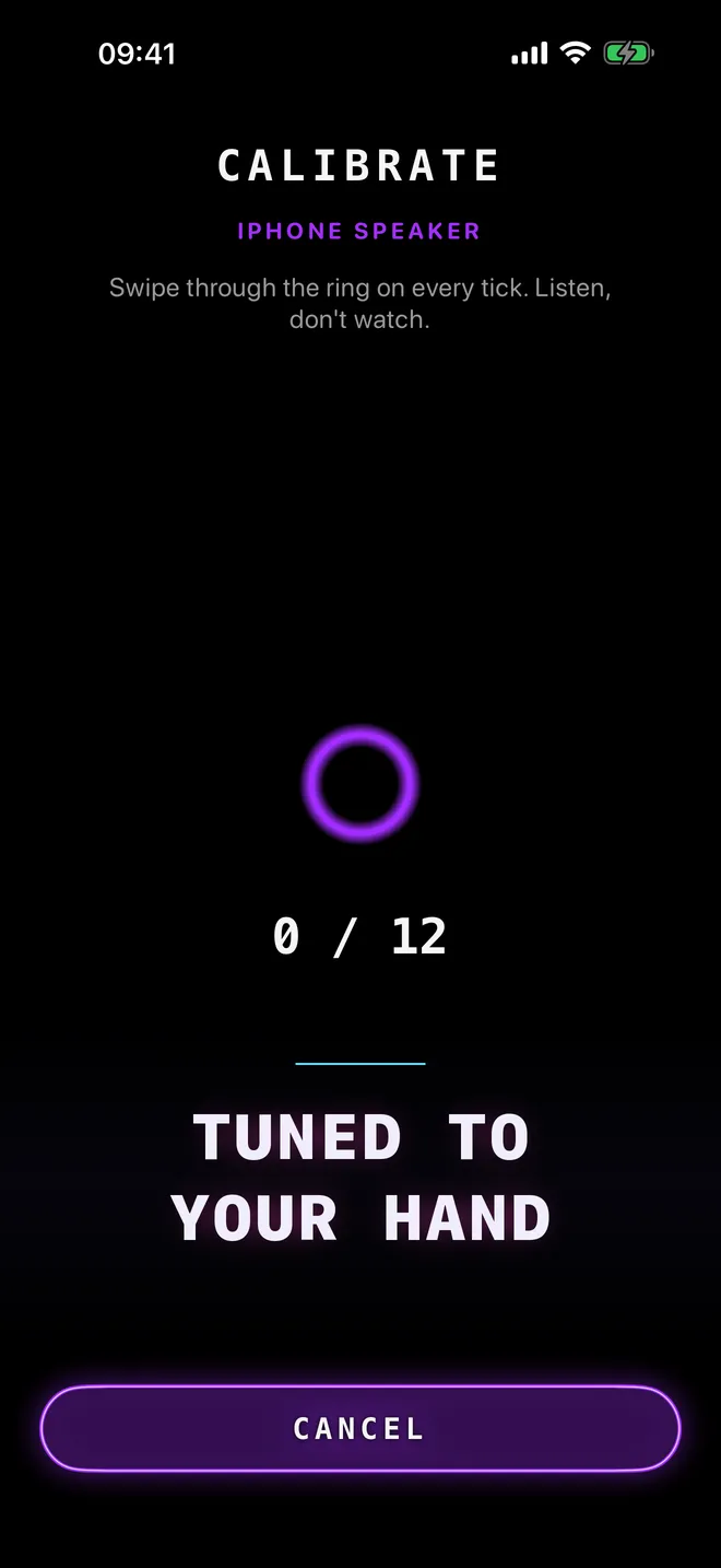 Syncopator on iPhone: the calibration screen, captioned tuned to your hand
