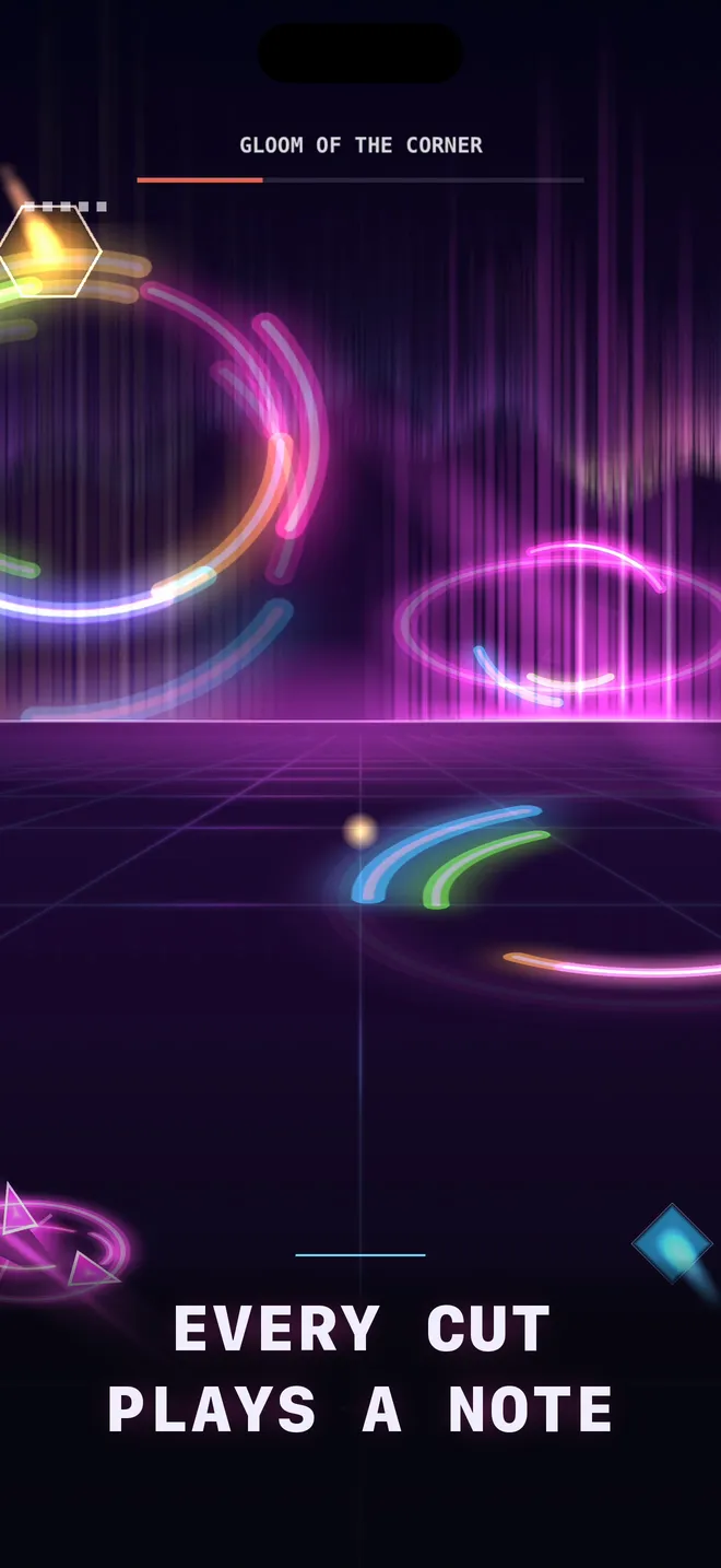 Syncopator on iPhone: a cut leaving a coloured trail, captioned every cut plays a note