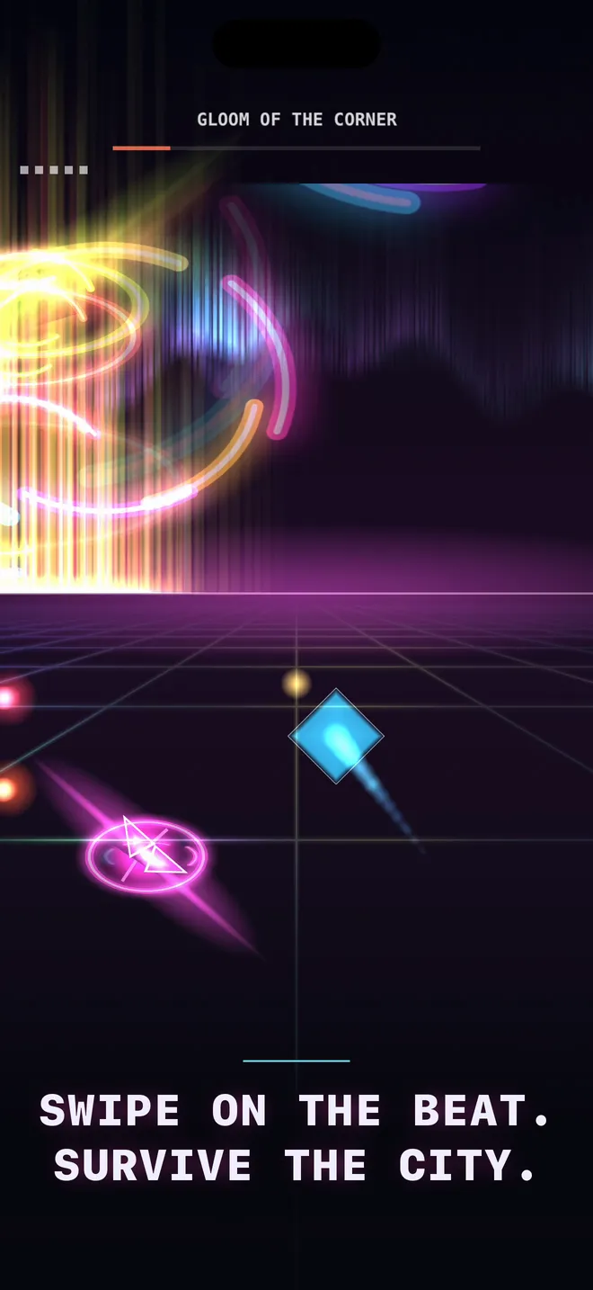 Syncopator on iPhone: neon orbs closing in over a grid floor, captioned swipe on the beat, survive the city