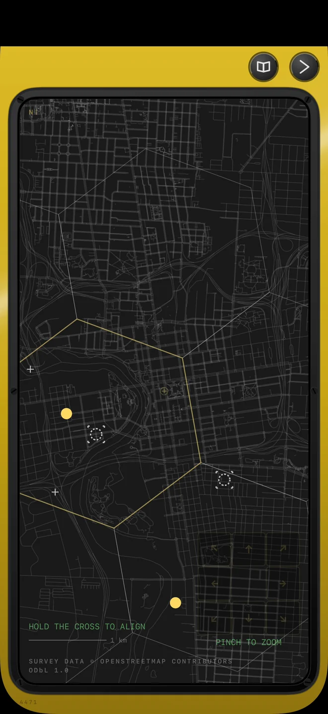 Wisp on iPhone: the dark street chart with gold cell boundaries and lit spots
