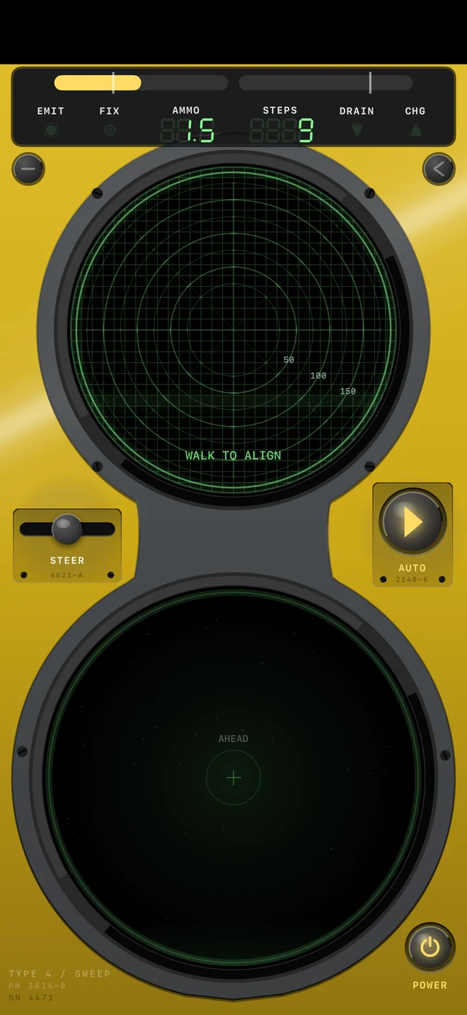 Wisp on iPhone: the survey instrument, a bearing scope above a blank dial